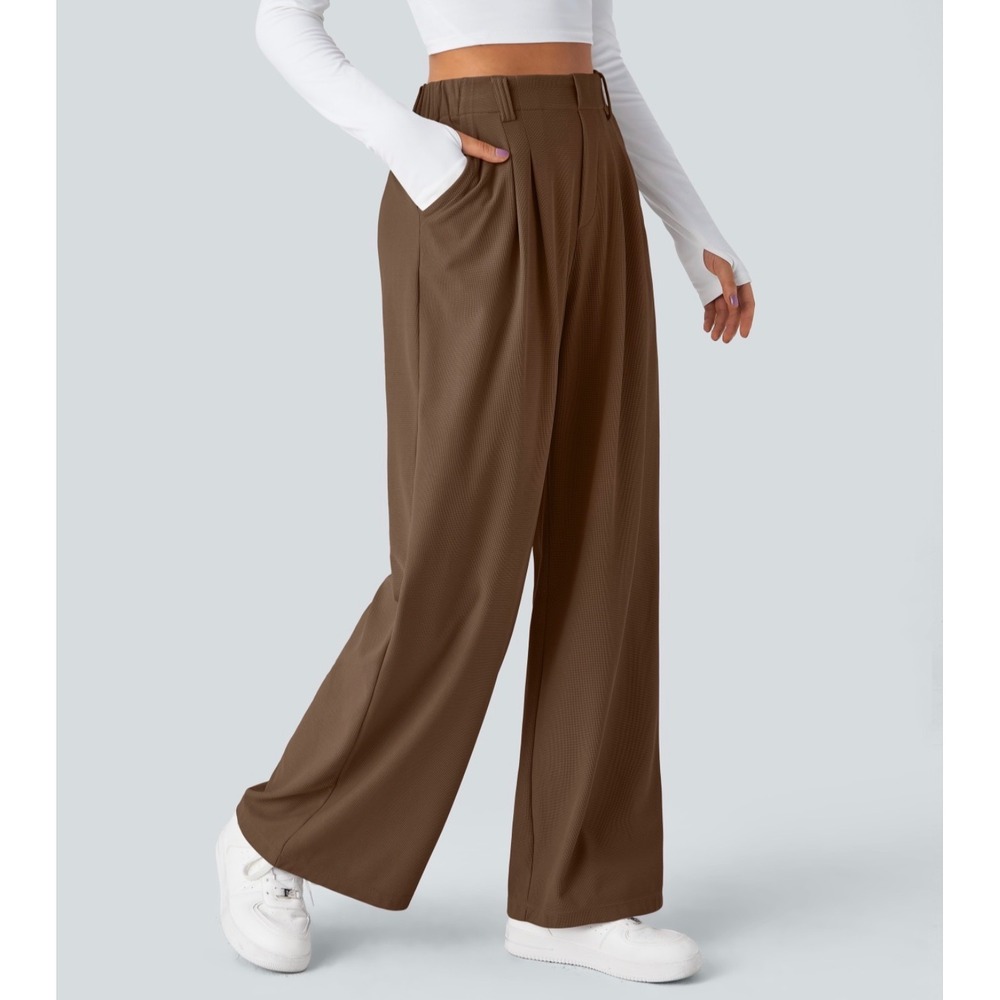 Halara Flex High Waisted Wide Leg Waffle Work Pants Brown L Pocket Pleated Front